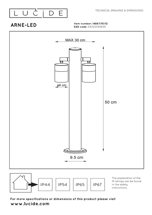 Lucide ARNE-LED - Pollerleuchte - Ø 6,3 cm - LED - GU10 - 2x5W 2700K - IP44 - Chrom Matt - technisch